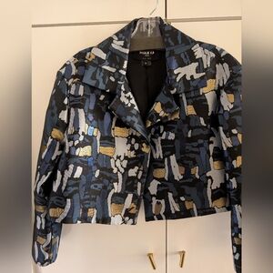 Paule Ka Blue/Gold Silk embroidered Geometric Blazor & Skirt